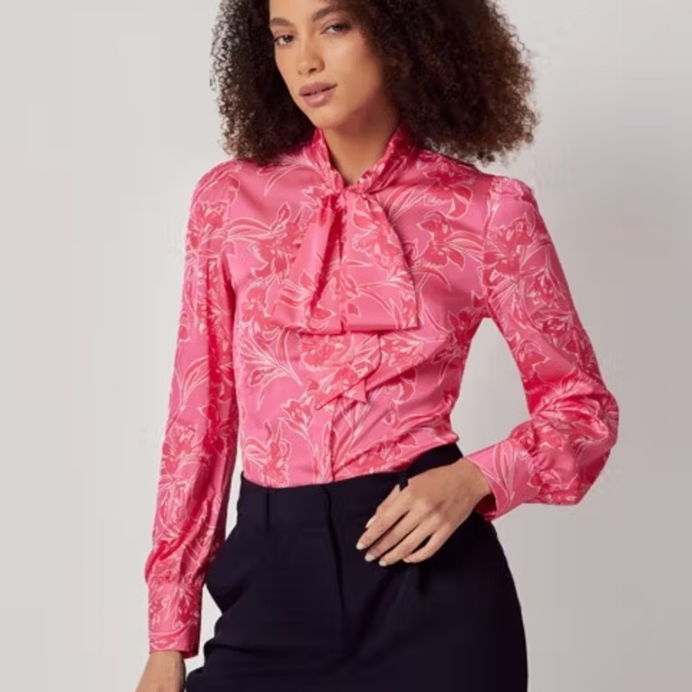 Women's Hawes & Curtis Pink Floral Print Bow Neckline Button Down Shirt Sz 4/6